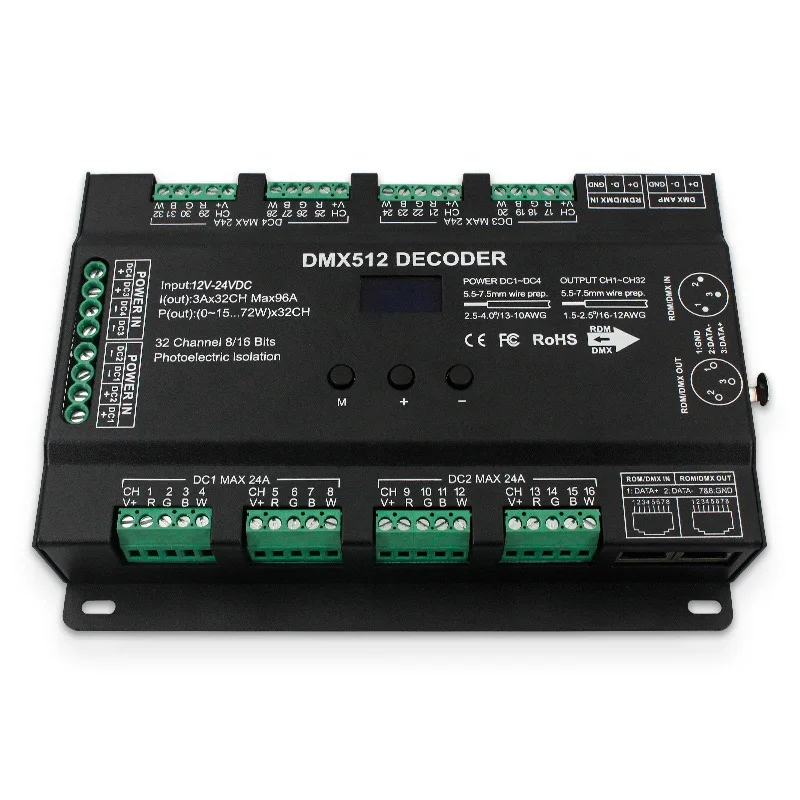RDM 32 channel 96A RGB RGBW Multi-channel DMX 512 LED decoder controller for 8-bit / 16-bit stage lighting systems