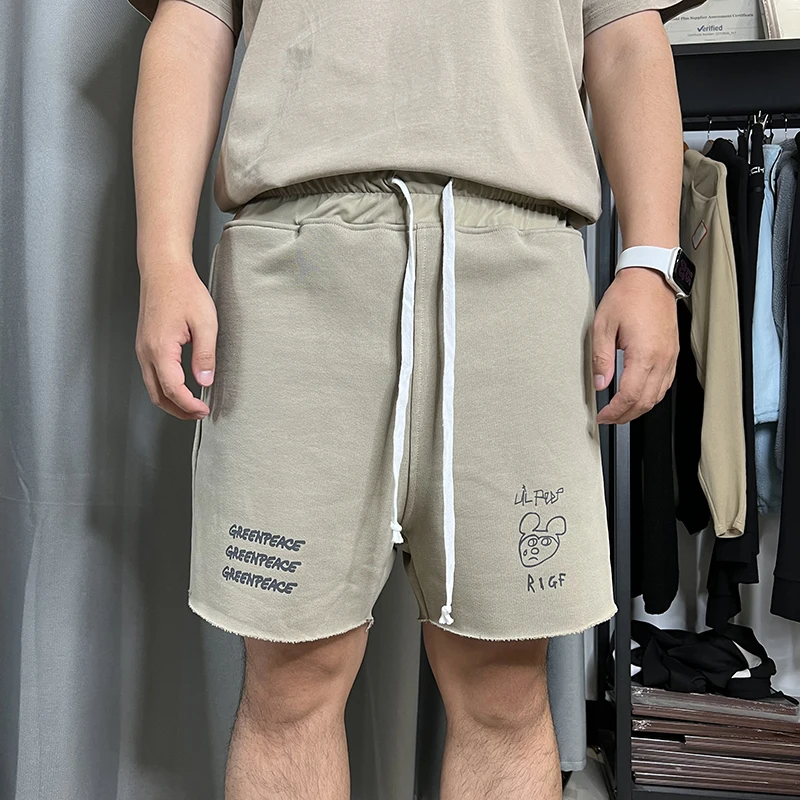 Custom Heavyweight Cotton Men Summer Short Raw Hem Shorts Sports Drawstring Shorts