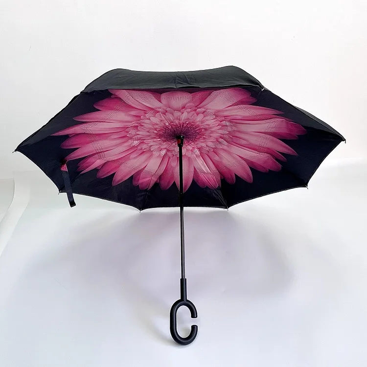 Custom Inverse Car Umbrella with Logo Double Layer Inside Out C Shape Handle Design Inverted Reverse Rain Umbrella