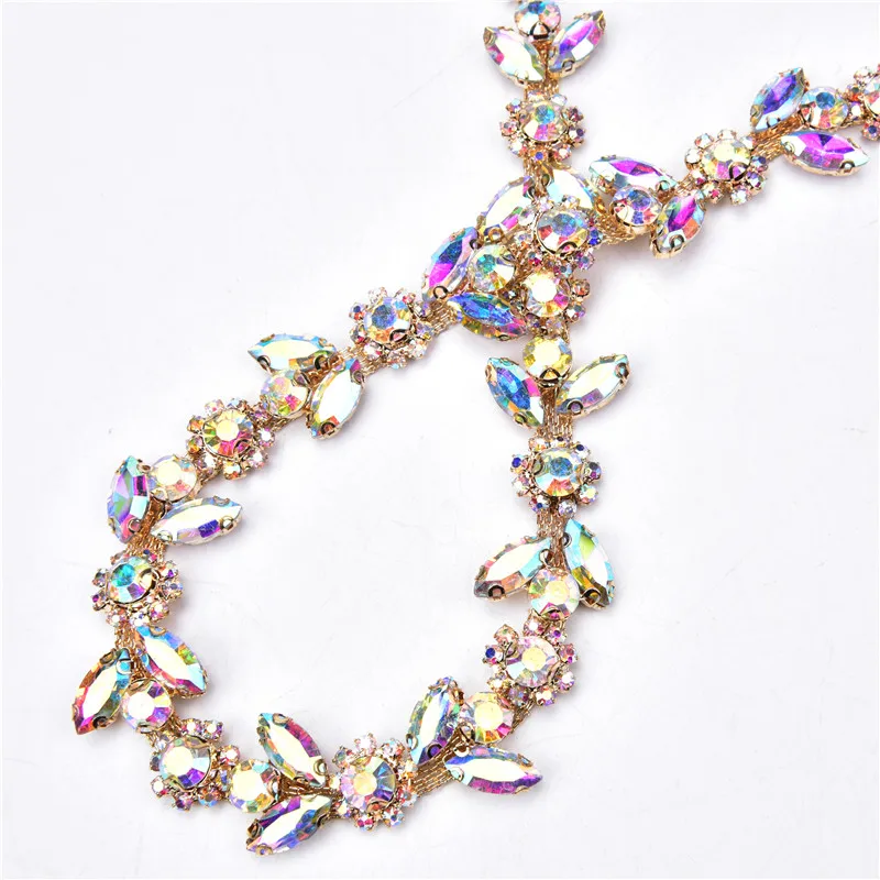 Crystal Rhinestone Flower Chain Trim Bling Horse Eye Glass Diamond Sew On Wedding Dress Shoes Accessory Wholesale Diy