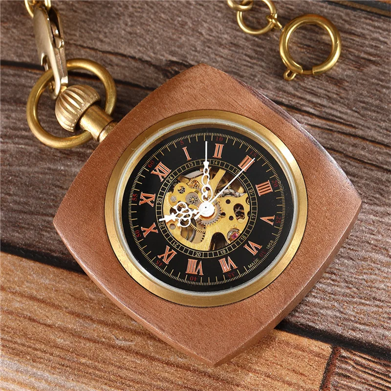 Without Cover Large Square Shape Red Sandalwood Zebra Wood Bass Two Tone Mechanical Pocket Watch