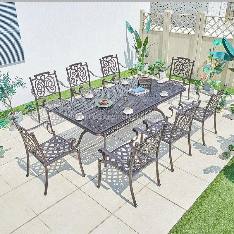 Hot selling outdoor  garden metal chair long table set with side table furniture  patio   iron dining Set for 8 seaters