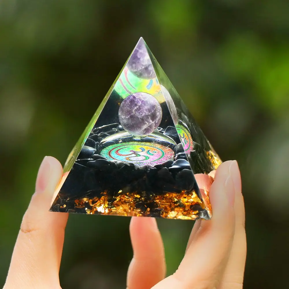 Black Obsidian Orgone Pyramid : Gemstone Hand Craft Chakra Crystals : Orgone Energy Generator EMF Protection Black