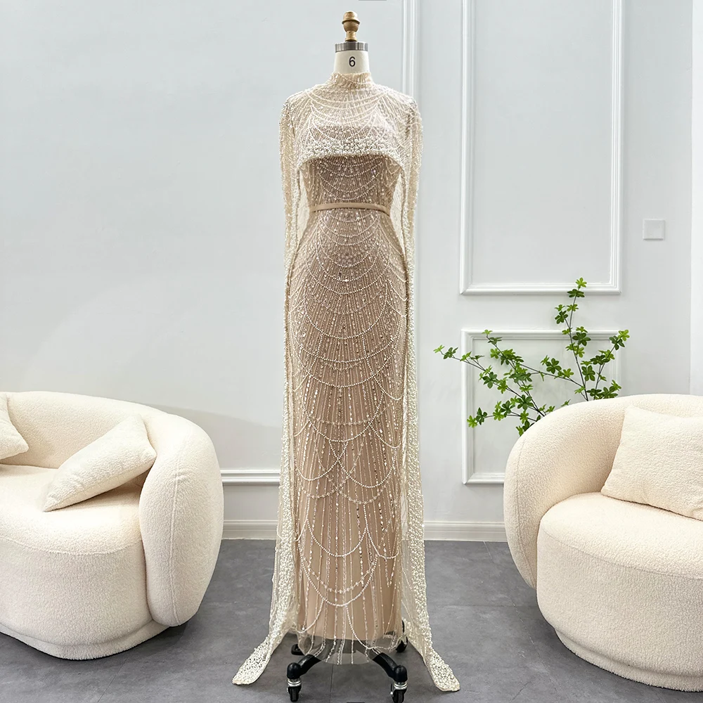 Scz097 Luxury Pearls Dubai Champagne Evening Dresses With Cape 2023 New Arabic Women Mermaid Wedding Party Prom Dress