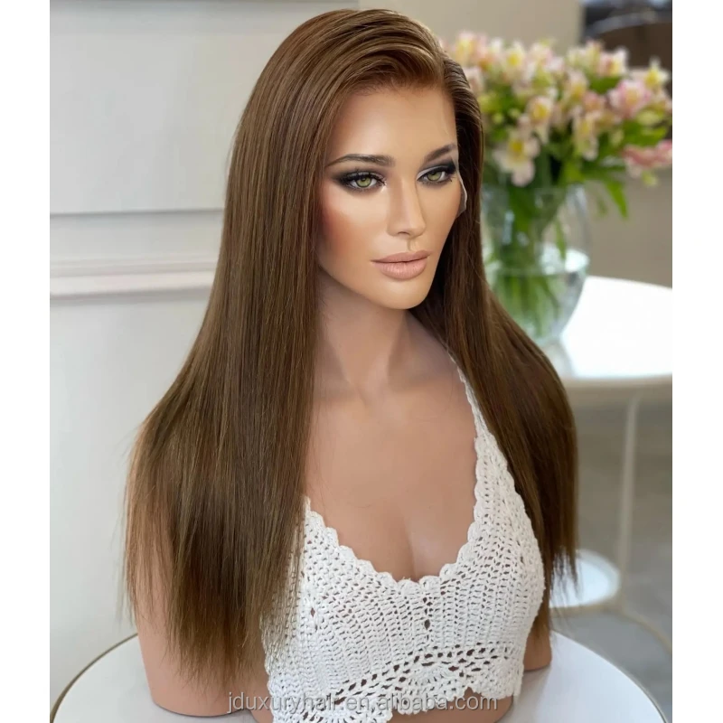 Glueless Brown Color Silky Straight Double Drawn Full Neat Ends Super Natural Invisible Single Knots HD Lace Wigs for Woman