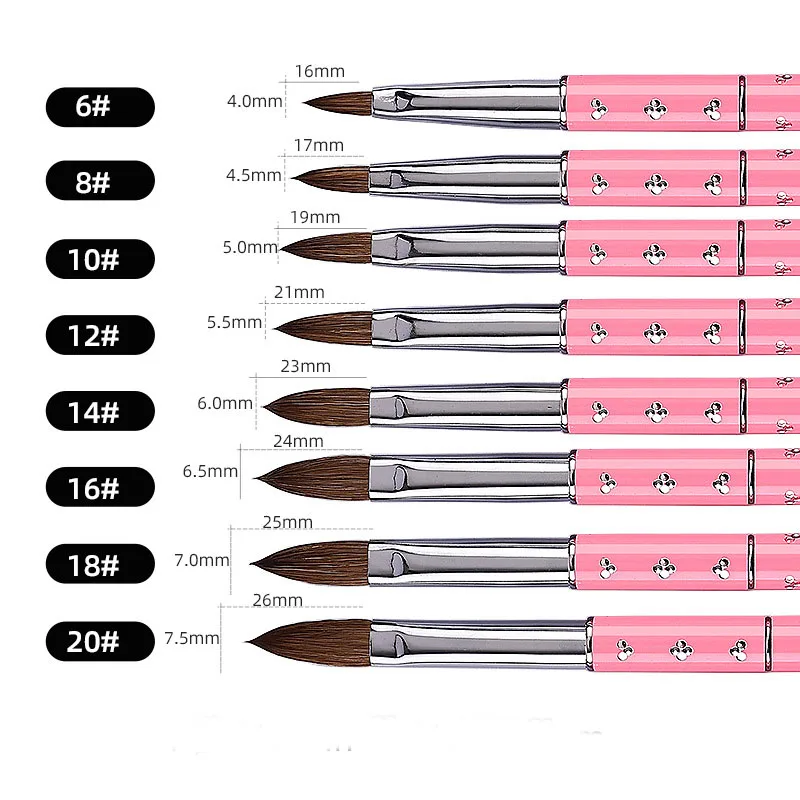 High Quality Pink Diamond Metal Rod Pure Sable Hair Nail Tool Pen Kolinsky Acrylic Brush Brushes Set 6 8 10 12 14 16 18 20