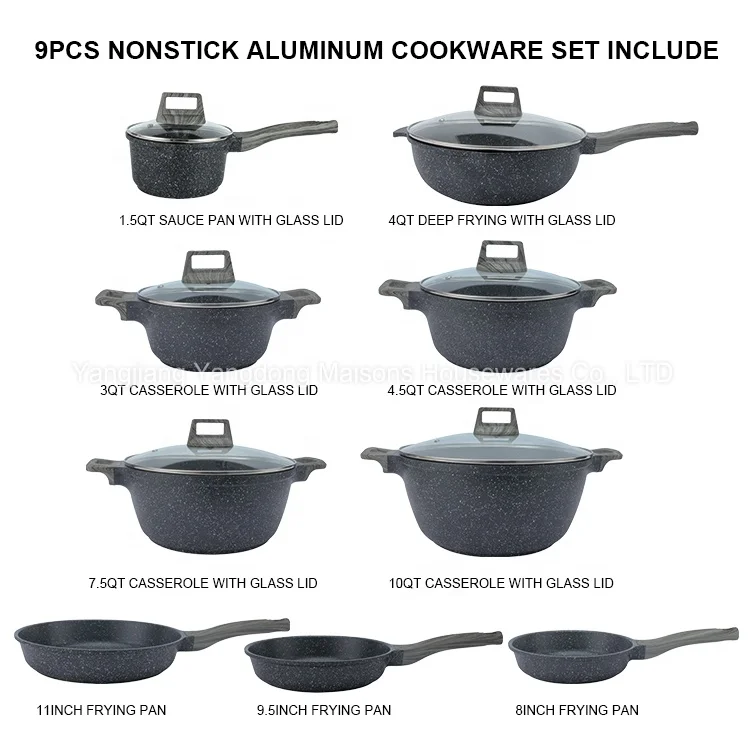 Домов антипригарная чугунная алюминиевая 9-дюймовая сковорода для соуса 4,5qt кастрюля 9 шт. набор посуды