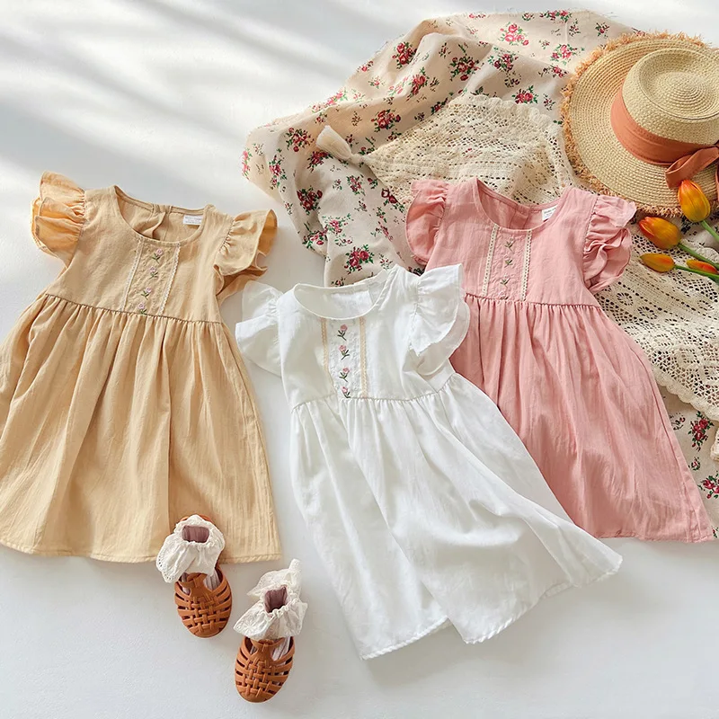 Beby Girl Dress Baby Girl Summer Gown White Ruffle England Simple Design Beige Pure Cotton Short Sleeve Dress for Girls