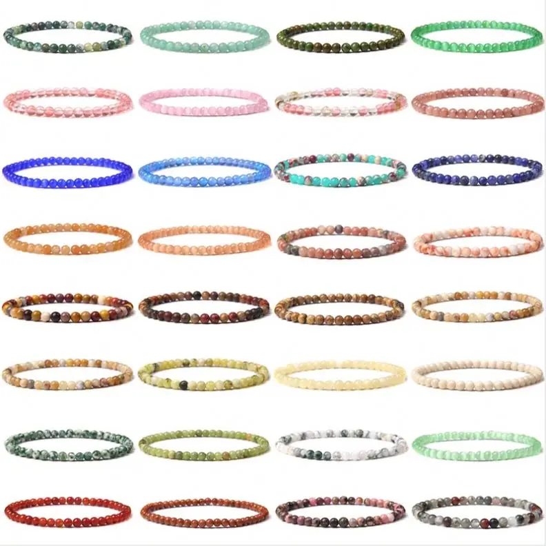 4Mm Natural Agate Stone Beads Energy Charm Bracelet Sterling Silver Small Beaded Bracelets Men