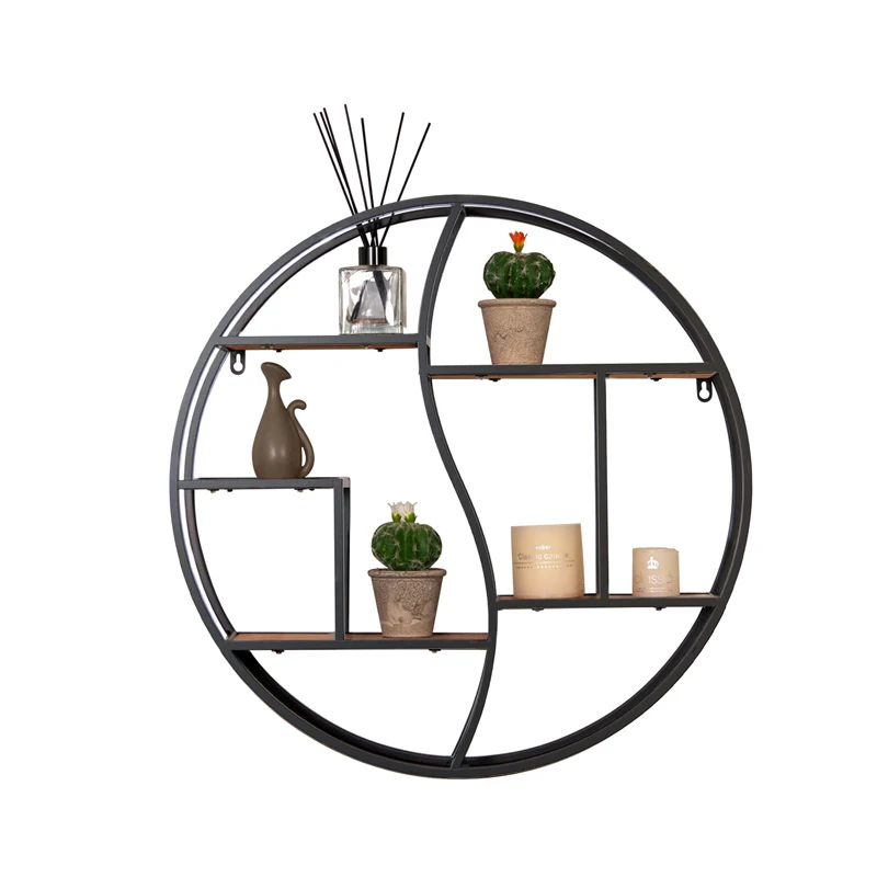 Wood and Metal Hanging Decorative Tiered kitchen  rack  wall floating wire circle wall shelf