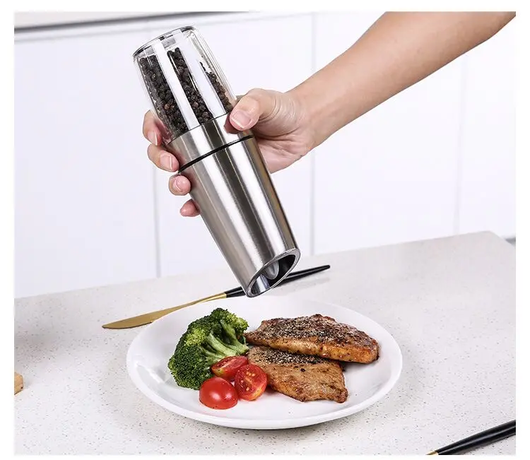 Amazon Hot Selling Stainless Steel Gravity Battery Operated Automatic Electric Salt And Pepper Grinder Set with LED Light