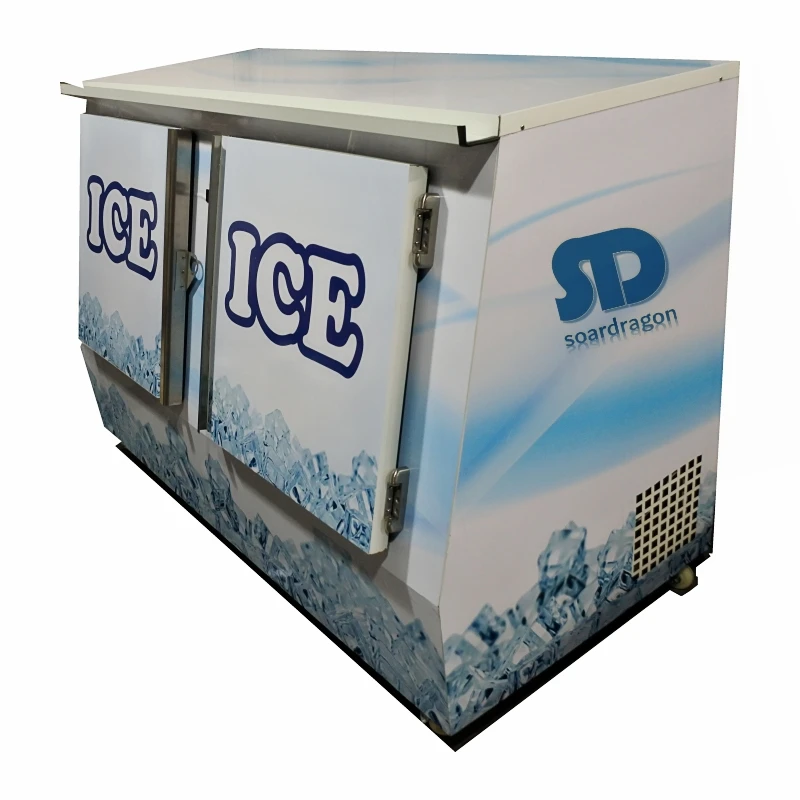 Soardragon Double Solid Doors Bagged Ice Cube Merchandiser Storage Bin Freezer Fan Cooling Slant Door Outdoor Package Ice Fridge