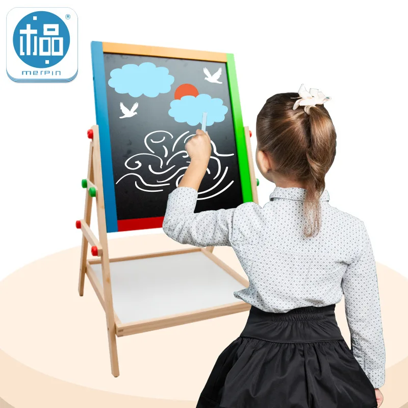 Wooden magnetic adjustable double sided drawing board for kids wood erasable doodle board toy for toddlers preschool educational