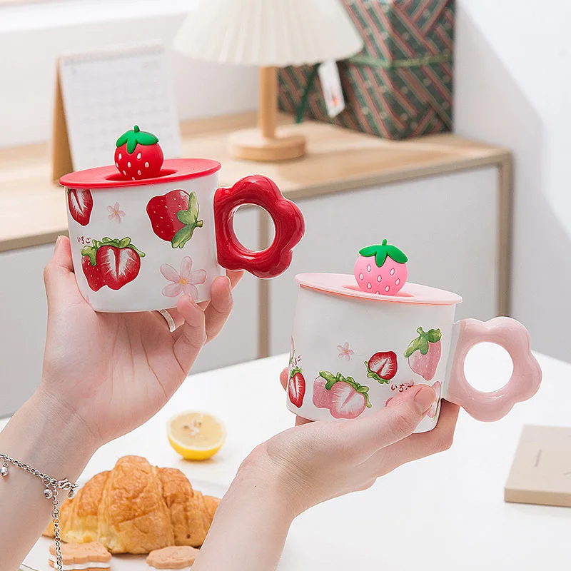 Cute Girl Heart Ceramic with Lid Strawberry Flower Student Creative Breakfast Cup High Beauty Value Couple Water