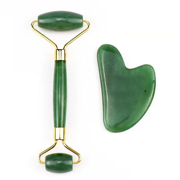 2020 Beauty Care 2 in 1 Facial Massage Stone Roller Natural Green Jade Roller Gua Sha Set