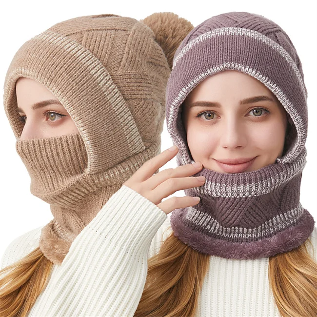 Оптовая продажа новые 2024 вязаные зимние шапки в полоску для женщин с толстым флисом внутри теплая женская зимняя шапка и шарф вместе