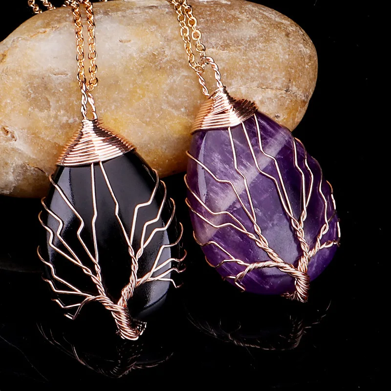 Trendy Luxury Handmade Braided Copper Wire Tree Of Life Woman Waterdrop Shape Gem Natural Stone Pendant Necklace Jewelry