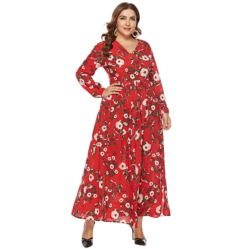 newest design autumn long sleeve printed chiffon plus size women dress