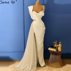Elegant White One Shoulder Beaded Evening Dresses 2021 Serene Hill LA70886 Modest Stain Split Lady Long Party Gowns For Women
