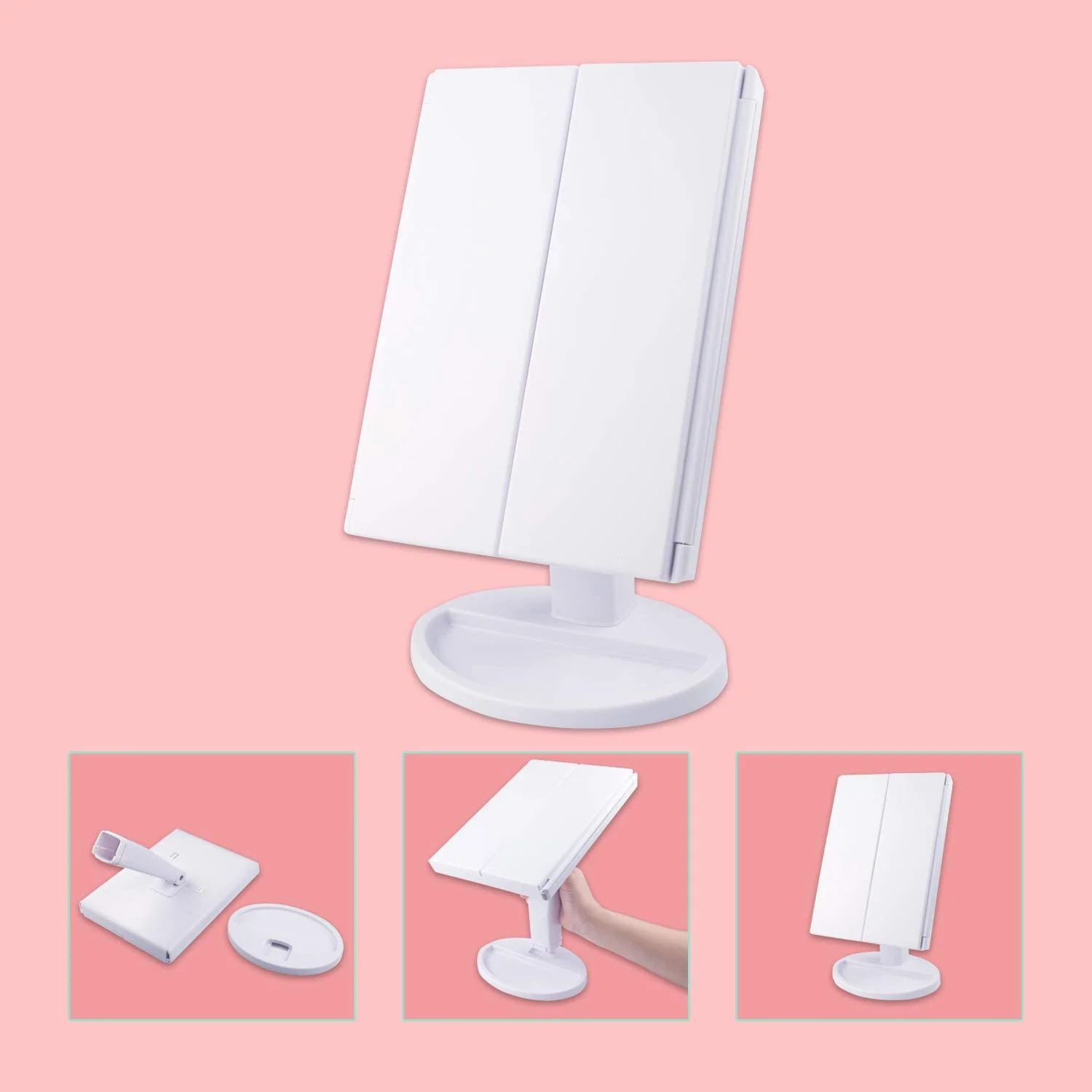 LED Lighted Trifold Makeup Mirror 1X/2X/3X/10X Magnification Vanity Mirror 22 Led Lights Touch Screen with Dual Power Supply