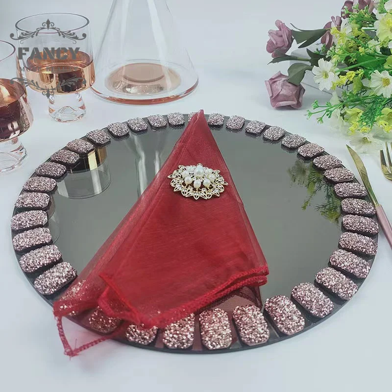 Round glass mirror plates spinning turn table tray perfume display candle holder bling sparkle charger plates