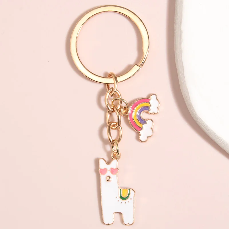 Colorful Flower Heart Alpaca Enamel Key Ring Customized Alloy Enamel Charms Keychain Kids Animal Keyring