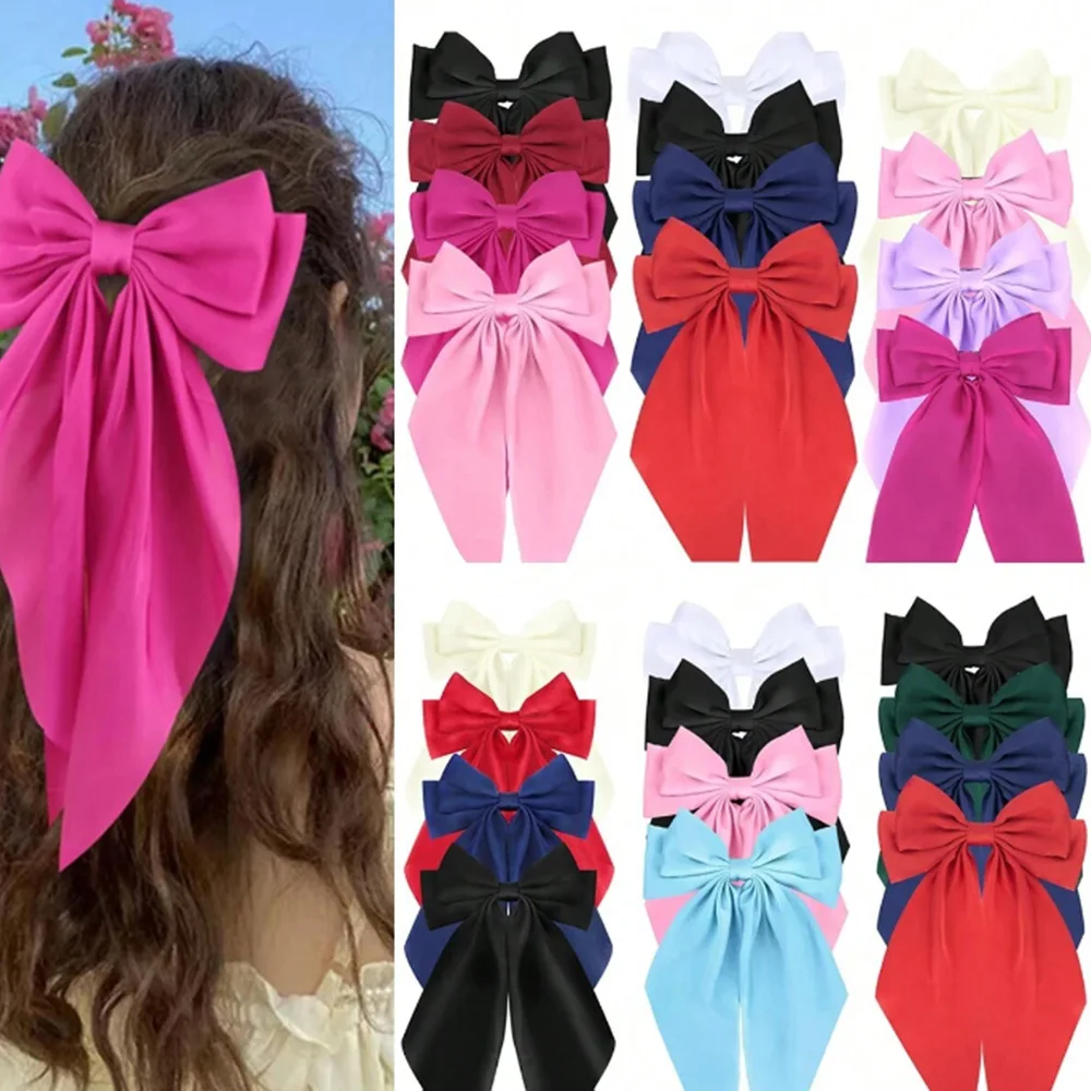 3pcs/bag Solid Color Streamers Hair Bow Large Stain Hairpin Women Luxury Ponytail Hair Ties Accessories Scrunchies Bowknot Clips