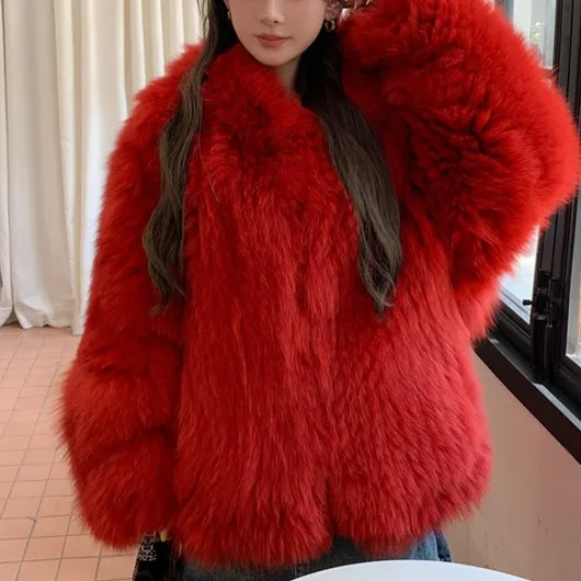 Fashion Fur Coat Women Double Woven Fox Fur Coat Red Color Coat With Hoodie Winter Long Sleeve Outwear
