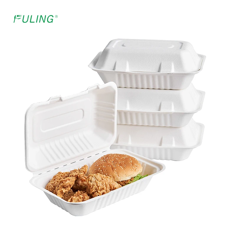 FULING Biodegradable paper plate disposable tableware bagasse food container clamshell lunch box to go