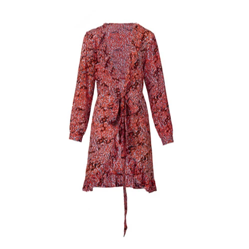 
2021 Summer Ladies Red Leopard Print Long Sleeve Ruffled Wrap Dress Mini Dresses 