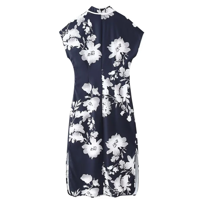 TAOP&ZA European and American fast fashion buckle printed long skirt Chinese slim fit cheongsam dress 2024 summer new style