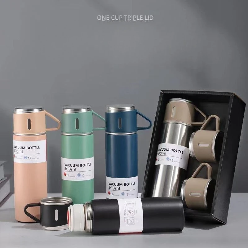 500ml Custom Reusable Thermos Bottle One Cup with Three Lid Gift Tea Mugs 304 Stainless Steel Vacuum drinking Cup Sets