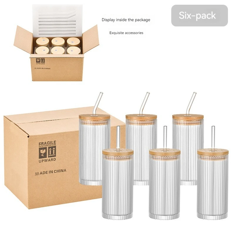vertical grain Lid Drinking Glass Coffee 380ml Glass Cup Drinking Ribbed Clear Drinking Beverage Glass Cup With Straw