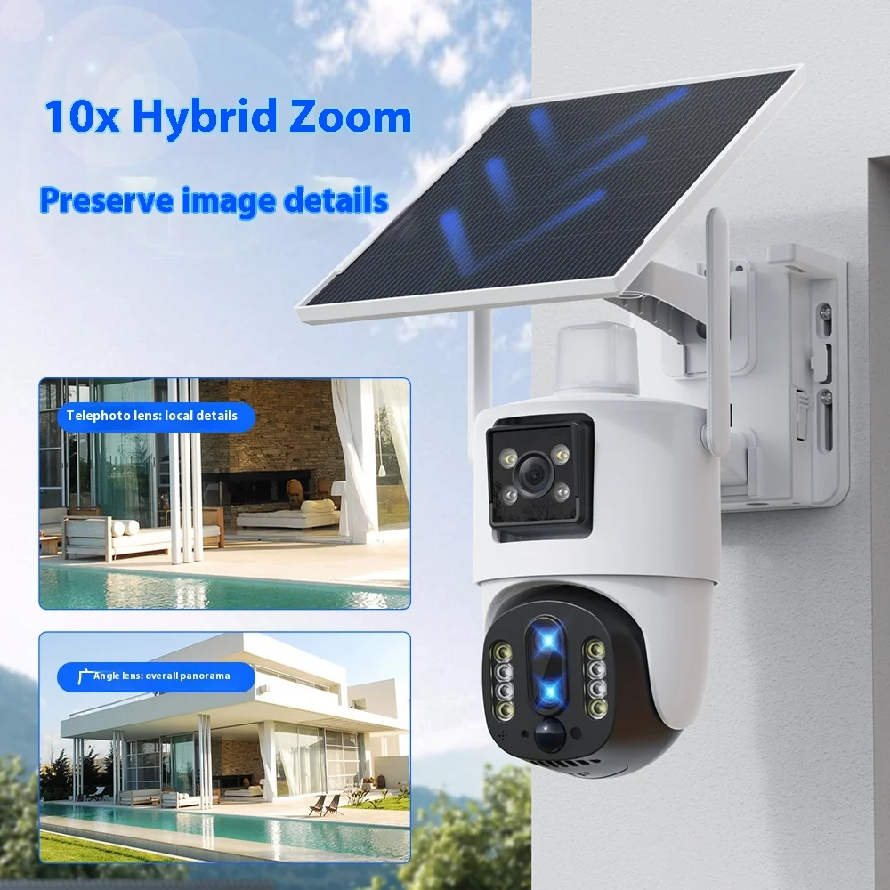 BP5 ZOOM V380 Solar Powered PTZ Wifi Camera 4G Three-Eye Dual-Screen HD Night Vision NVR Data 4MP Alarm Outdoor Camera