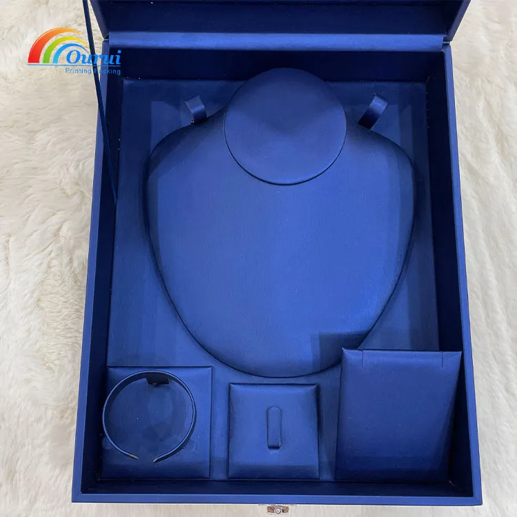 OEM new design luxury high quality brushed leather box hot sale custom logo blue pu leather box ring necklace bangle boxes set