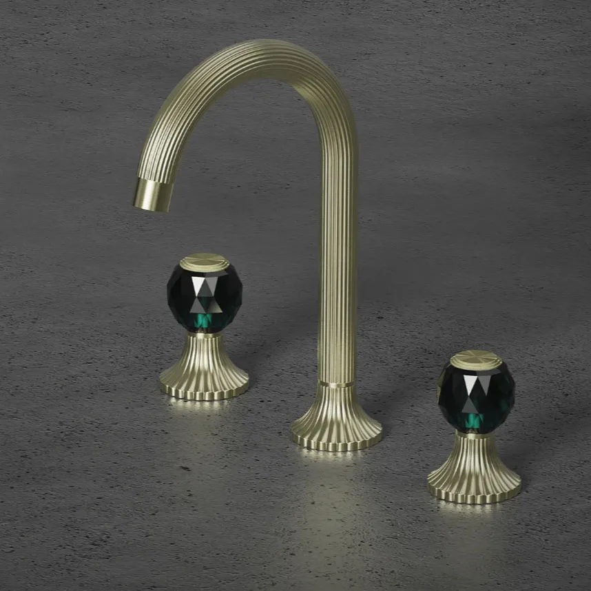 YSW New Design Luxury faucet Golden Bathroom Sink 3 Holes Double Handle Wash Basin Deck Mounted Vanity Basin Mixer Taps