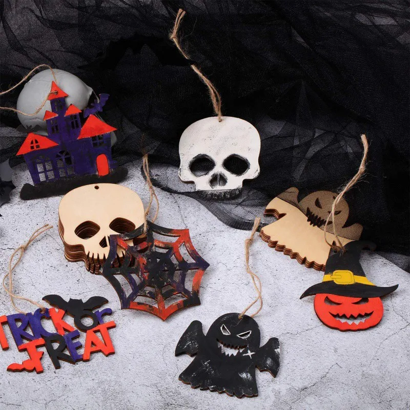 Copllent Halloween wood cards Pendant Festival Decoration Wood Chips Home DIY Ghost Festival Props Sign-in Card