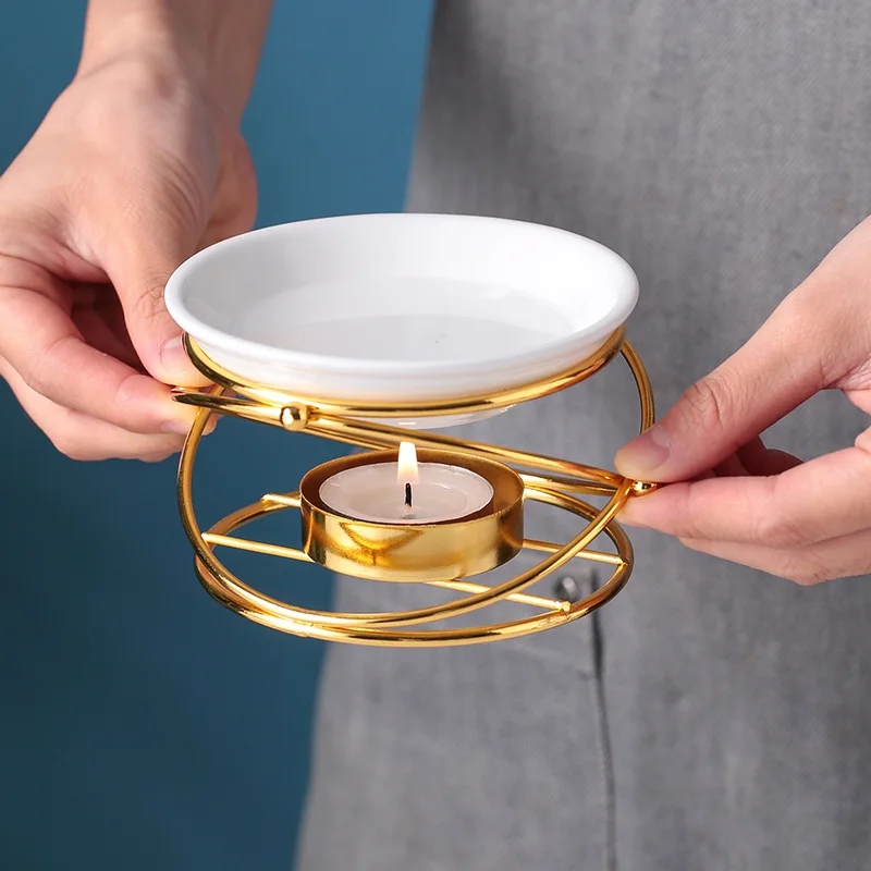 Hot Selling Black Gold Metal Oil Burner Wax Warmer Romantic Ceramic Tealight Candle Holder With White Tray