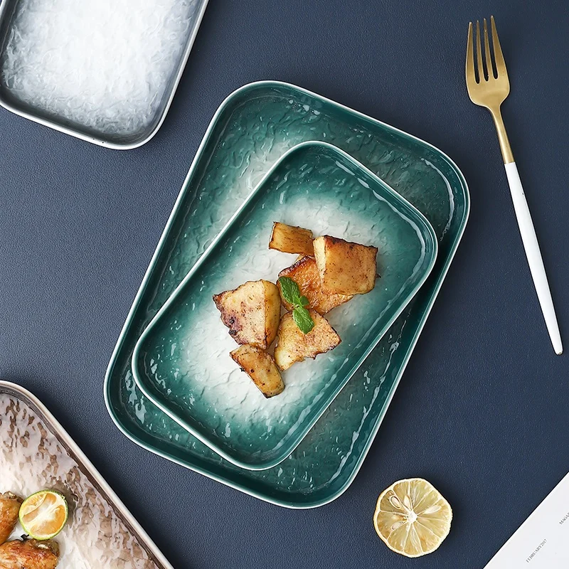Hand-Painted Color Gradual Change Ceramic Rectangle Plate Porcelain Dinner Plates Dish with Stone Thread Surface for Dining