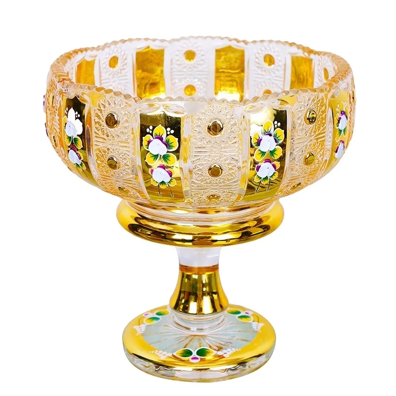 New Arrival Colored Enamel Fruit Tray Golden Fruit Dish Electroplating Glass Plate With Stand for Wholesale