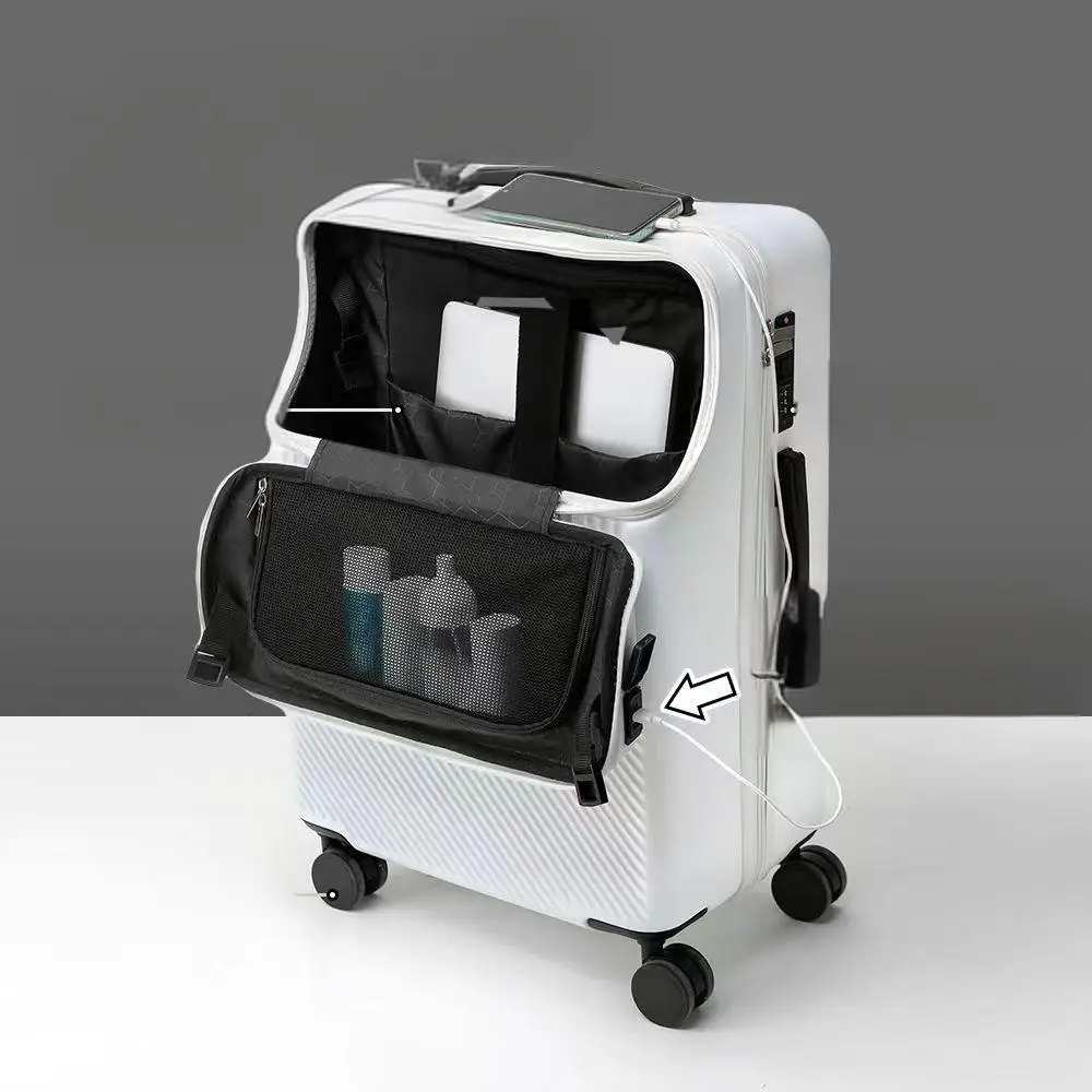 New multifunctional front opening boarding box strong and durable student charging usb port wheel travel trolley combination