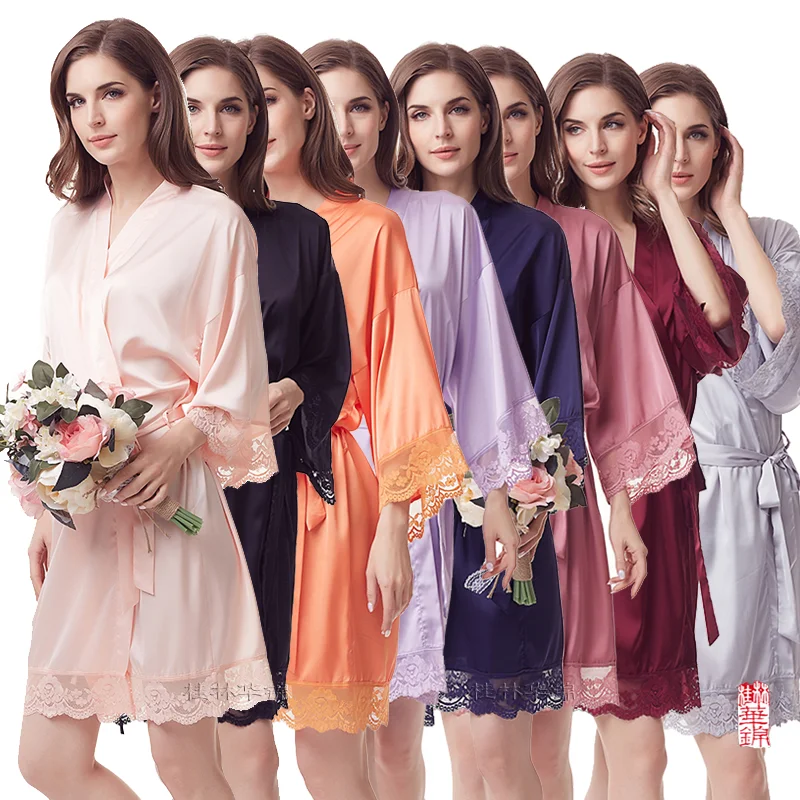 Lace trim solid colors high quality women sleepwear satin bridesmaid robe