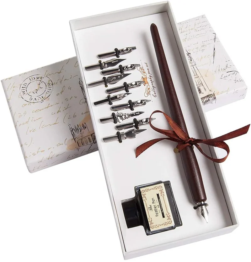 Calligraphy Pen Set - Fountain Dip Pen and Ink Writing Pen with 11 Nibs and Black Ink Calligraphy Set for Beginners