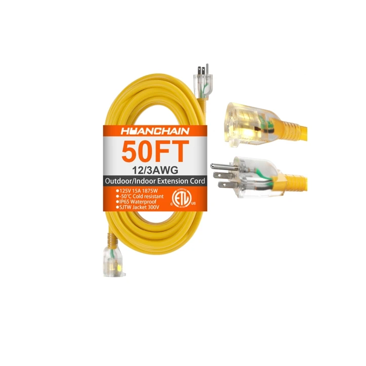 North America Standard Huanchain 12/3 5-15P to 5-15R indoor outdoor 50 feet extension cord with lighted