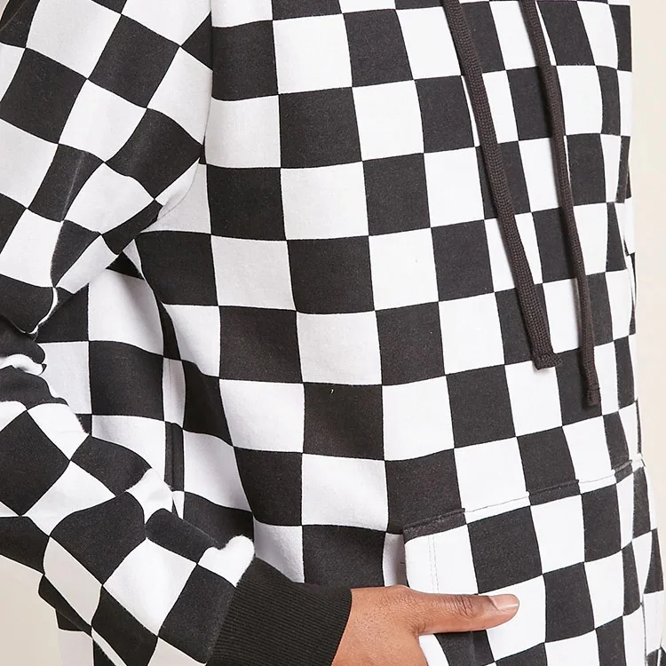 Wholesale Fleece Pullover Plaid Long Sleeve Checked Hooded Sweatshirt