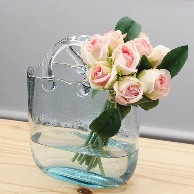 new Customized Professional Purse Vase For Flowers Transparent Glass Bag Vase Unique Handbag Flower Vase