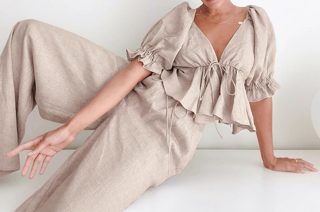 OOTN Khaki Linen Women Blouse Vintage Summer Shirt Drawstring Cotton Linen Trousers Two Piece Set Women Clothing