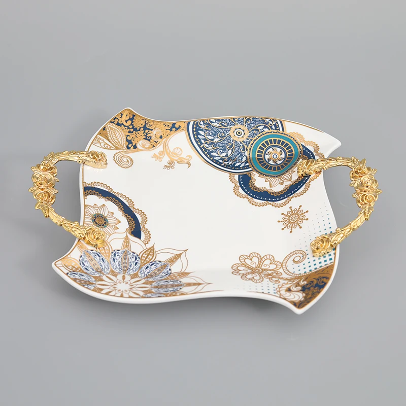 Hot Selling Irregular Square Shape Decorative Ceramic Embossed Decal  Fruit Candy Chocolate Tray Plate Set