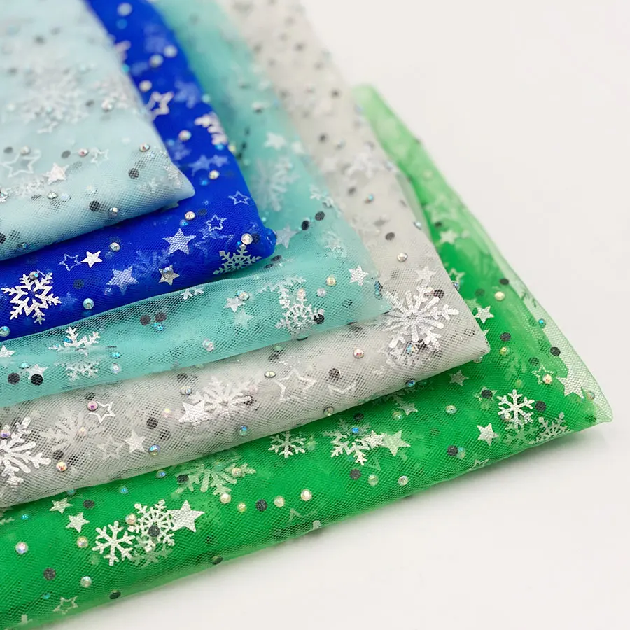 New Arrival kids elsa princess dress decorate cloth fancy glitter tulle snow printing mesh foil fabric with rhinestone