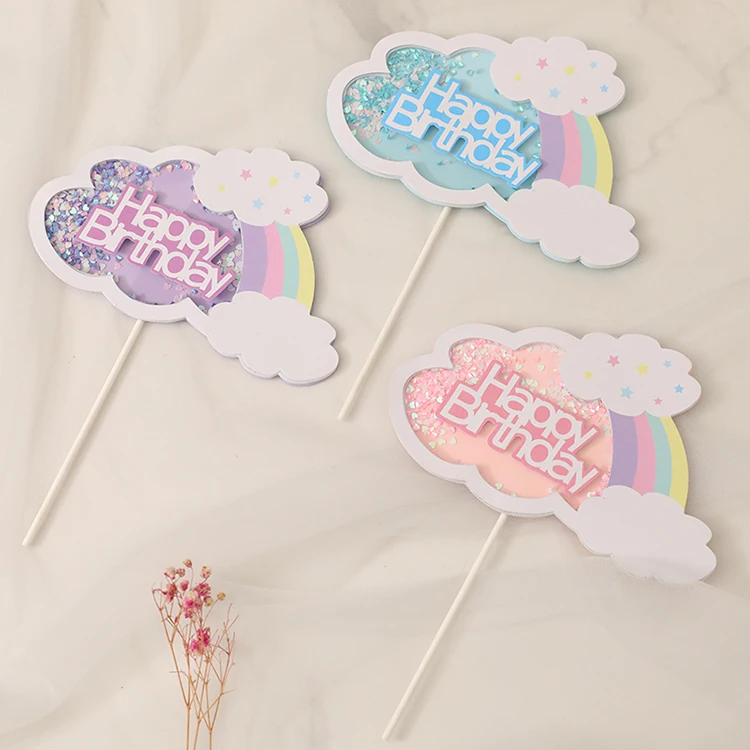 
Hot Selling Glitter Rainbow Cupcake Topper Paper Pink Blue Purple Cloud Rainbow Cake Topper 